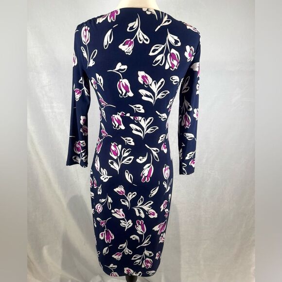 Ralph Lauren long sleeve navy & purple floral ruched side faux wrap dress size 4 - Picture 5 of 9